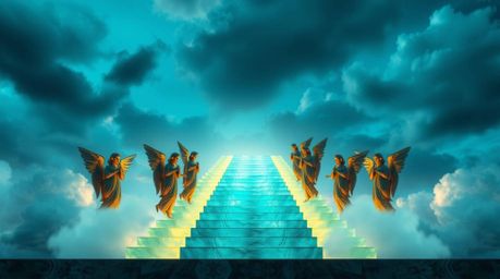 A photograph depicting luminous steps ascending into a cloudy sky, featuring a cast bronze surface with a deep teal patina an