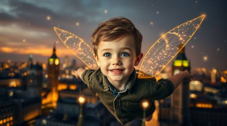 A professional photograph showcasing an adorable young boy with soft features, seemingly weightless as he flies above London,