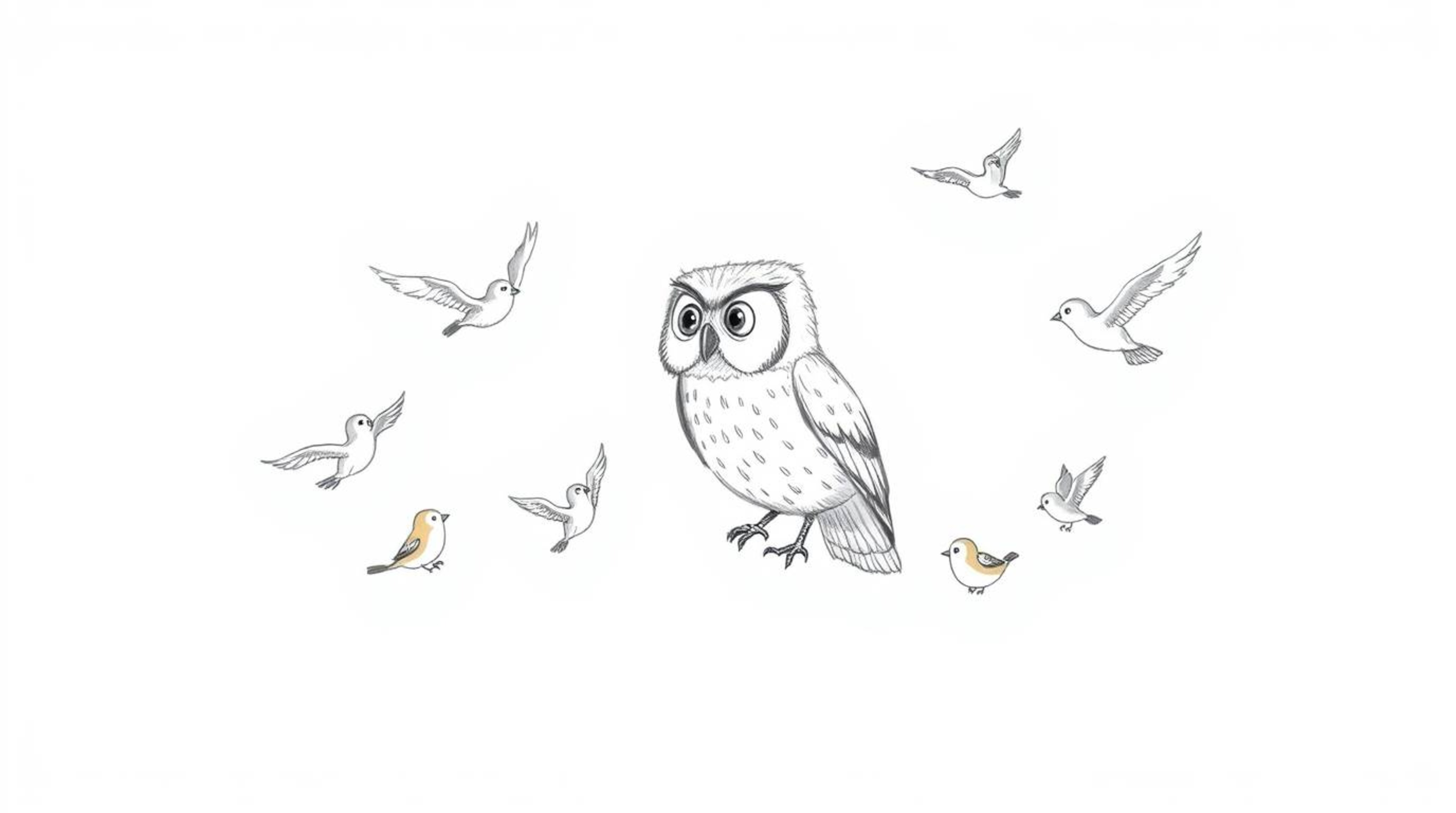 A heartwarming hand-drawn sketch reminiscent of Pixar, featuring a wise, blind owl gently guiding a diverse group of birds to