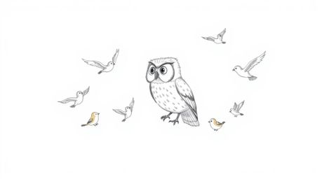 A heartwarming hand-drawn sketch reminiscent of Pixar, featuring a wise, blind owl gently guiding a diverse group of birds to