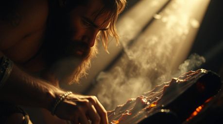A tight close-up shot captures a caveman in the act of cooking mammoth meat. The scene is enhanced by dramatic volumetric lig
