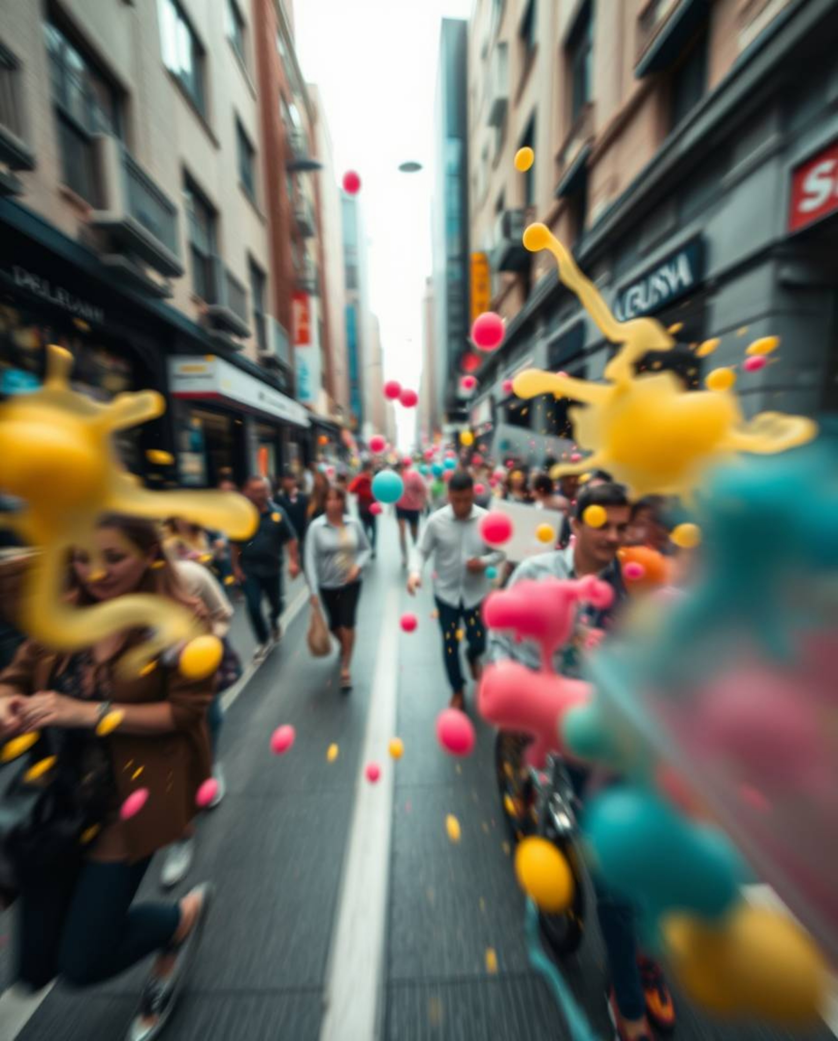 Capture the vibrant energy of urban life with high-angle candid street photography, showcasing dynamic colorful splashes agai