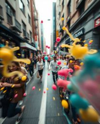 Capture the vibrant energy of urban life with high-angle candid street photography, showcasing dynamic colorful splashes agai