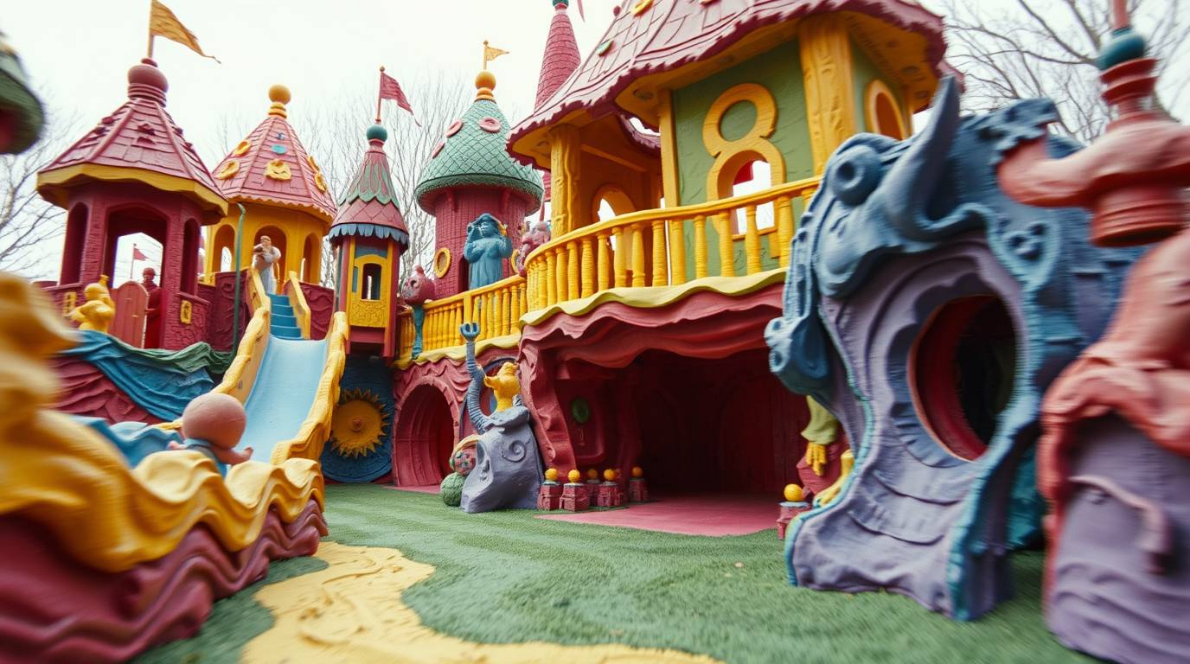 Experience a dramatic slow-motion run through a vibrant playground crafted entirely from layered papier-mâché.  This visually