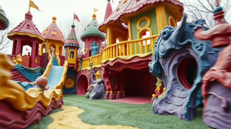 Experience a dramatic slow-motion run through a vibrant playground crafted entirely from layered papier-mâché.  This visually