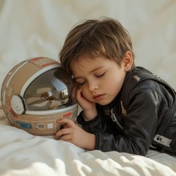 A whimsical, high-fashion photograph in the style of Pixar depicts a young boy, peacefully sleeping in his meticulously craft