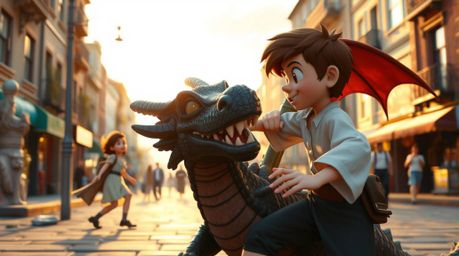A captivating scene depicting a charming prince battling a dragon, rendered in a charming 1950s animation style.  The image e