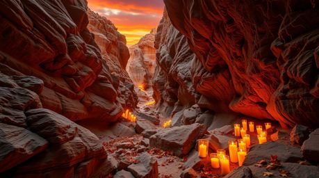 Experience the serene beauty of a rocky canyon bathed in warm sunset hues.  Autumn colors paint the landscape, while flickeri