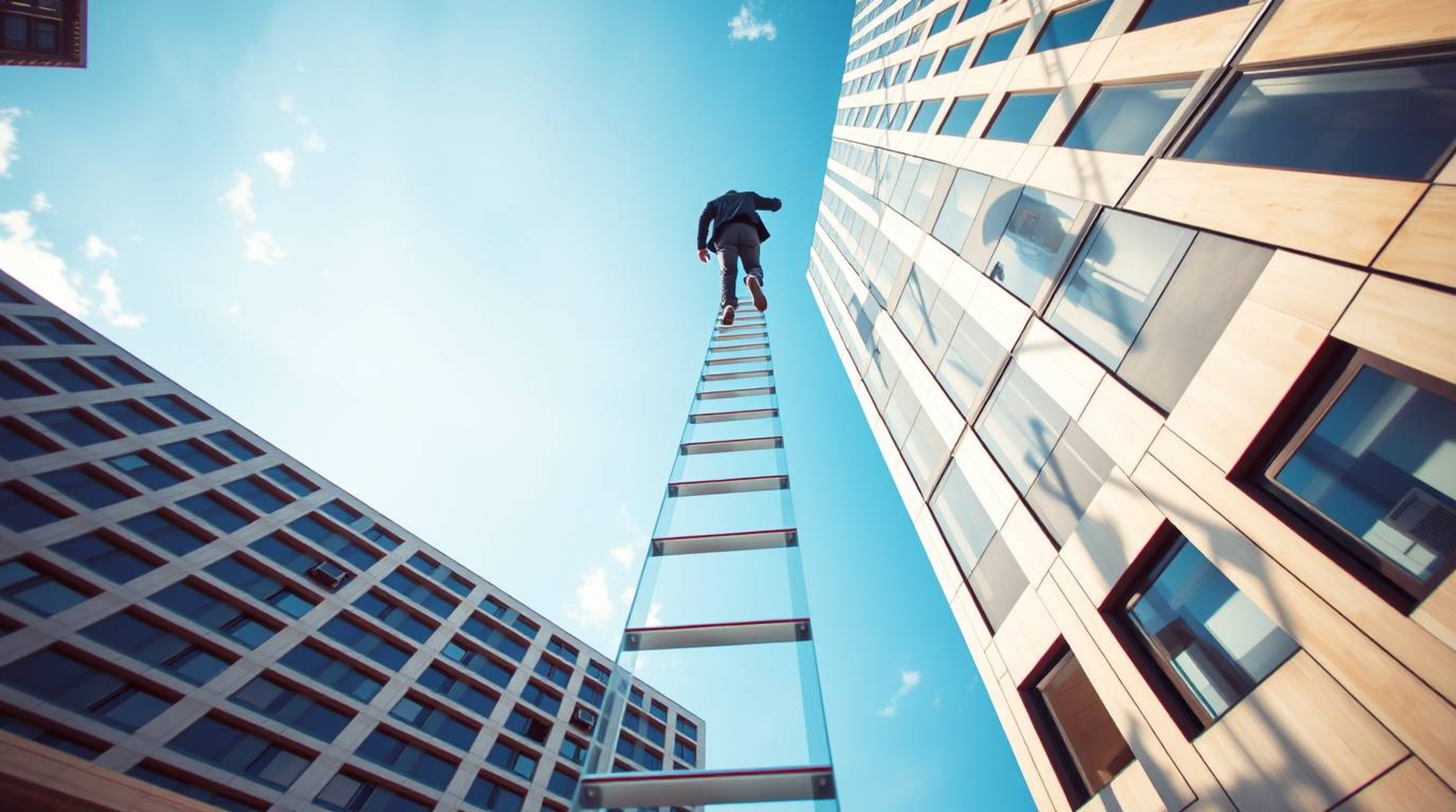 A striking architectural photograph captures a businessperson ascending a transparent ladder that seemingly vanishes into the