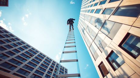 A striking architectural photograph captures a businessperson ascending a transparent ladder that seemingly vanishes into the