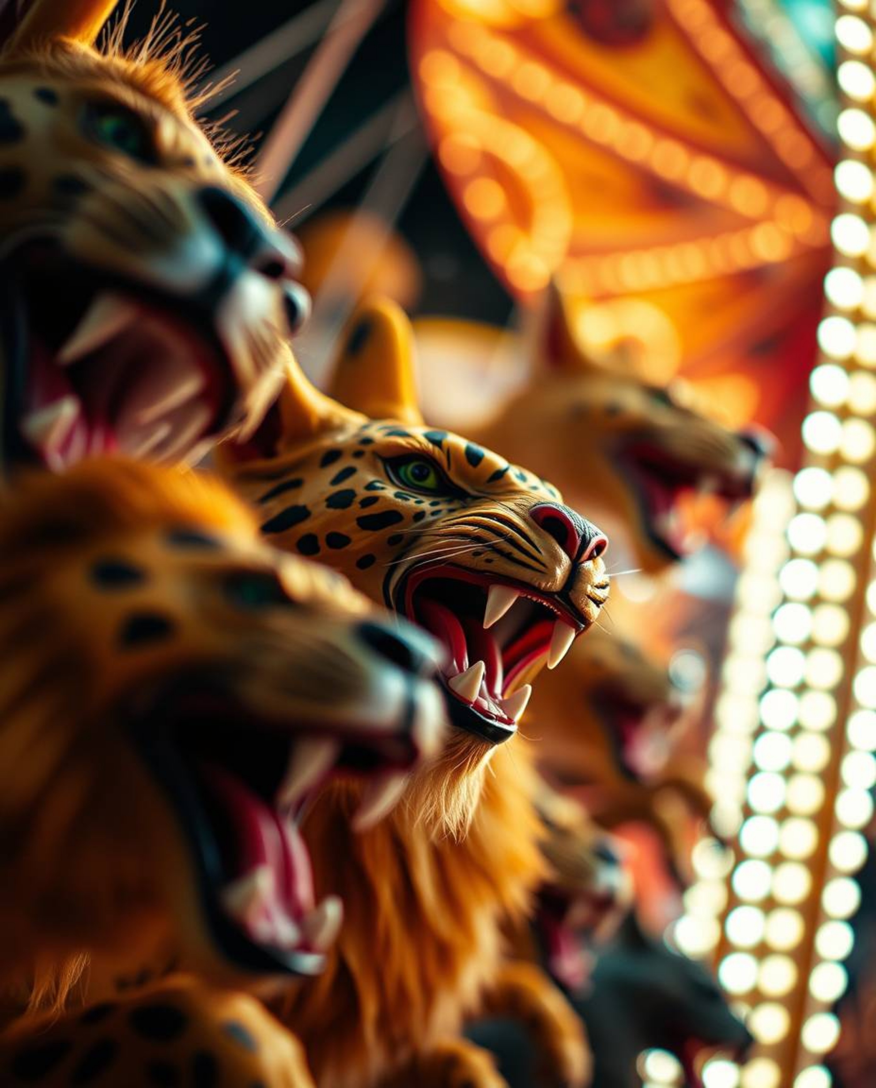 Experience the extraordinary with this extreme macro close-up of a carnival mysteriously overtaken by wild animals. The image