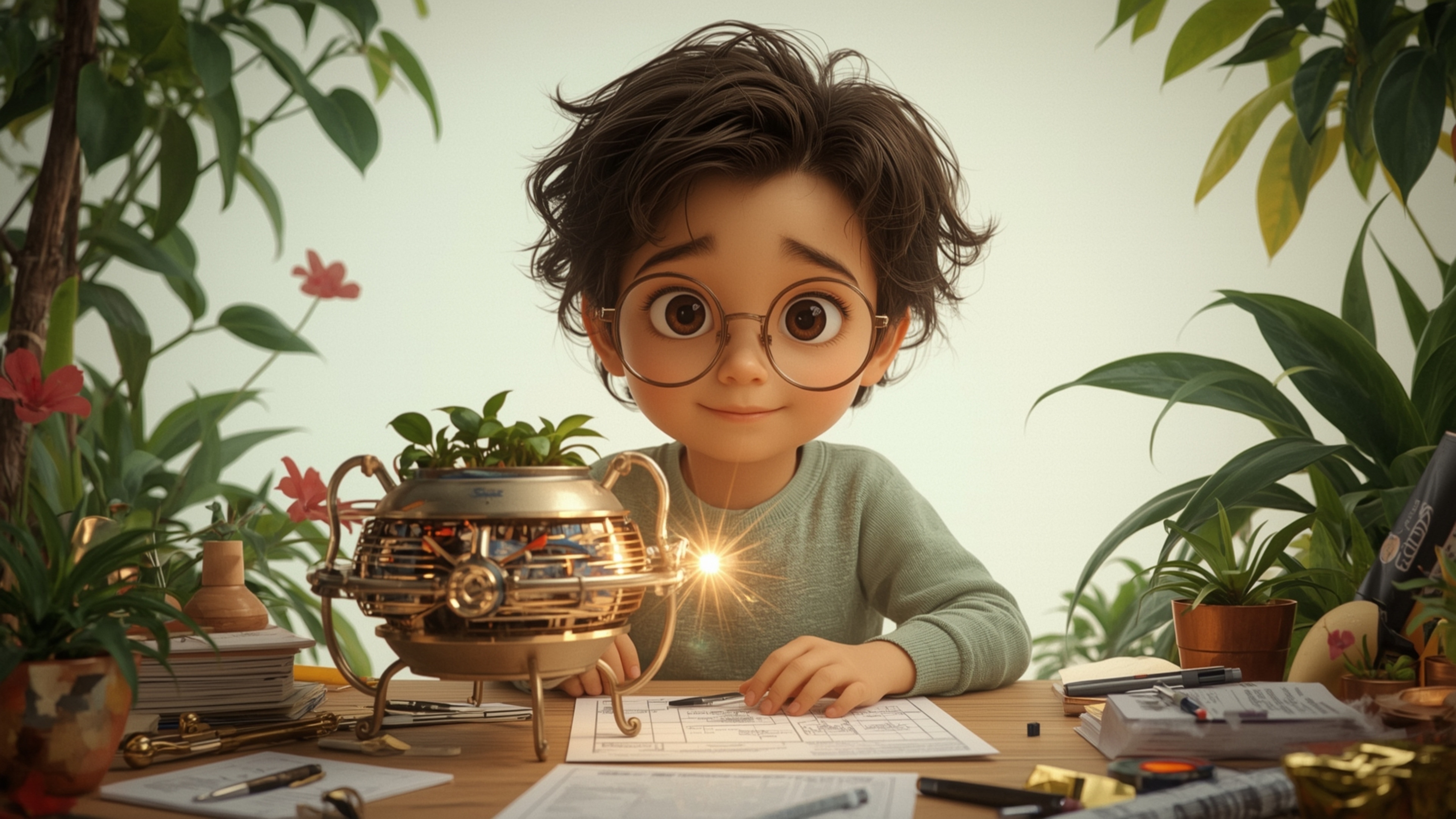 A highly detailed, high-resolution stock photo features a bright-eyed, bespectacled young genius with a Pixar-inspired charac