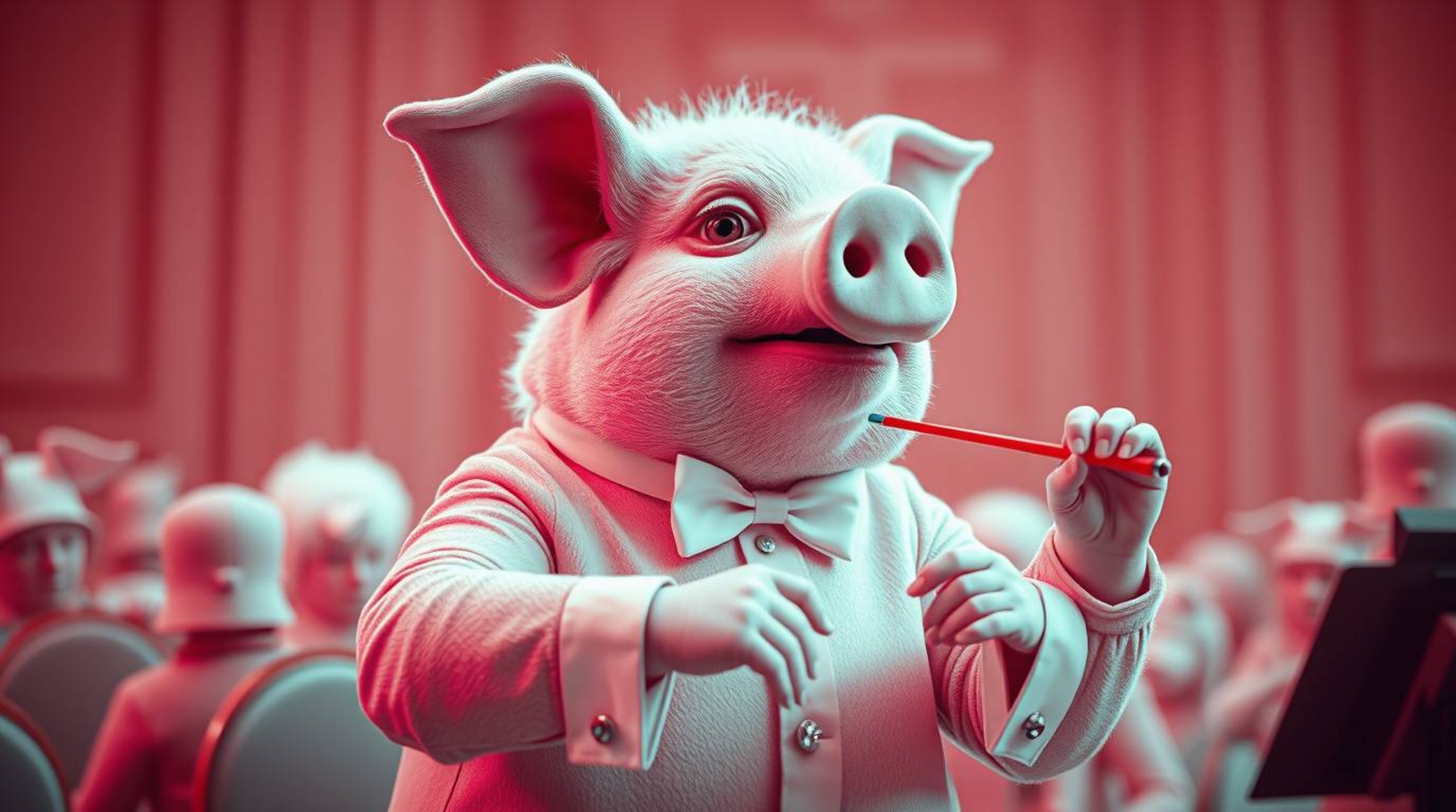 Explore a surreal infrared image featuring an elegant pig character gracefully conducting an orchestra. This otherworldly app