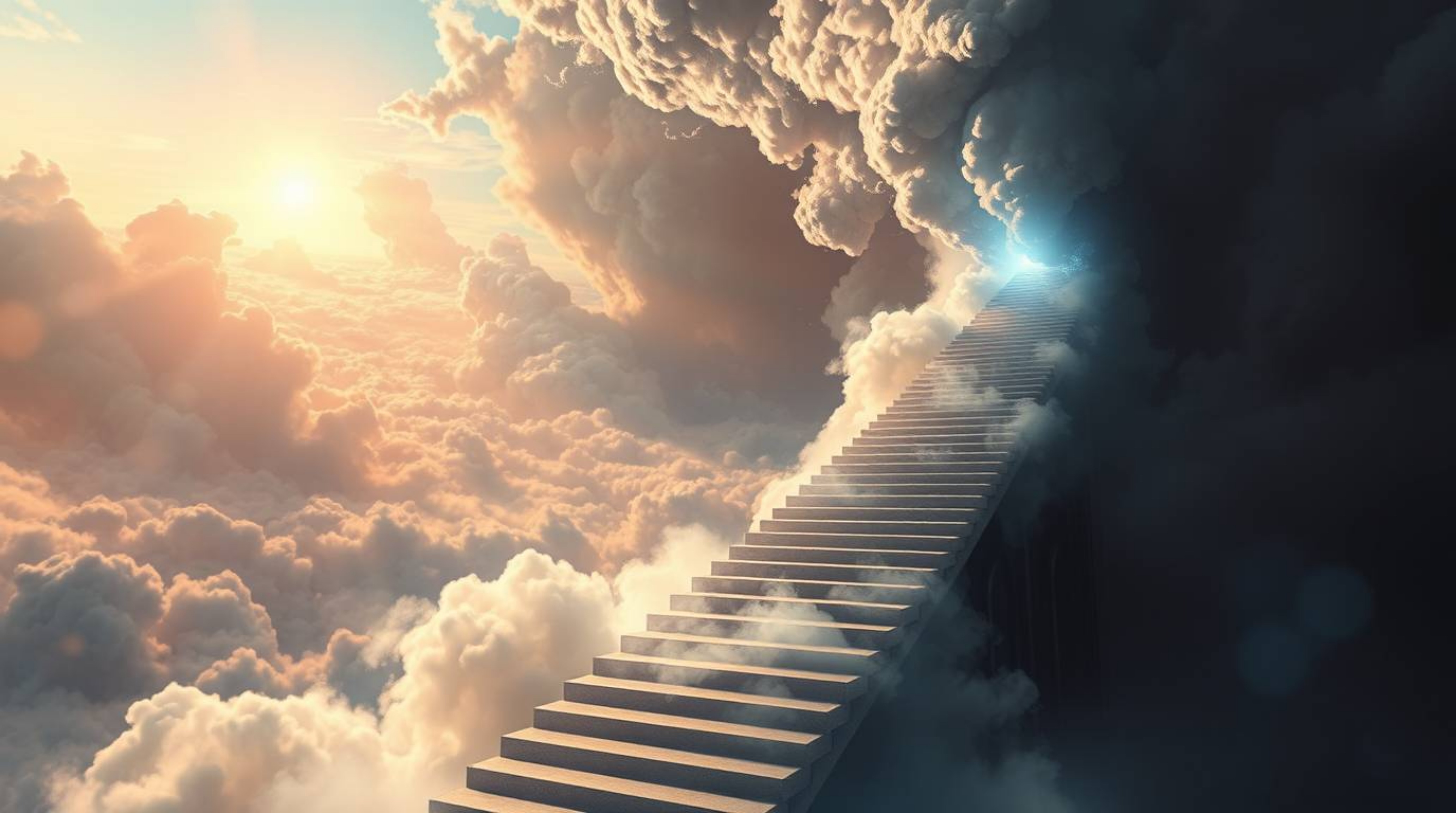 A breathtaking digital painting depicts a winding stairway of smoke and light ascending into a vast, cloudy sky.  This grand,