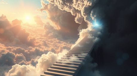 A breathtaking digital painting depicts a winding stairway of smoke and light ascending into a vast, cloudy sky.  This grand,