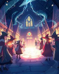 Explore a stunning isekai anime-style light art piece depicting a magical school bustling with young wizards. This artwork ut
