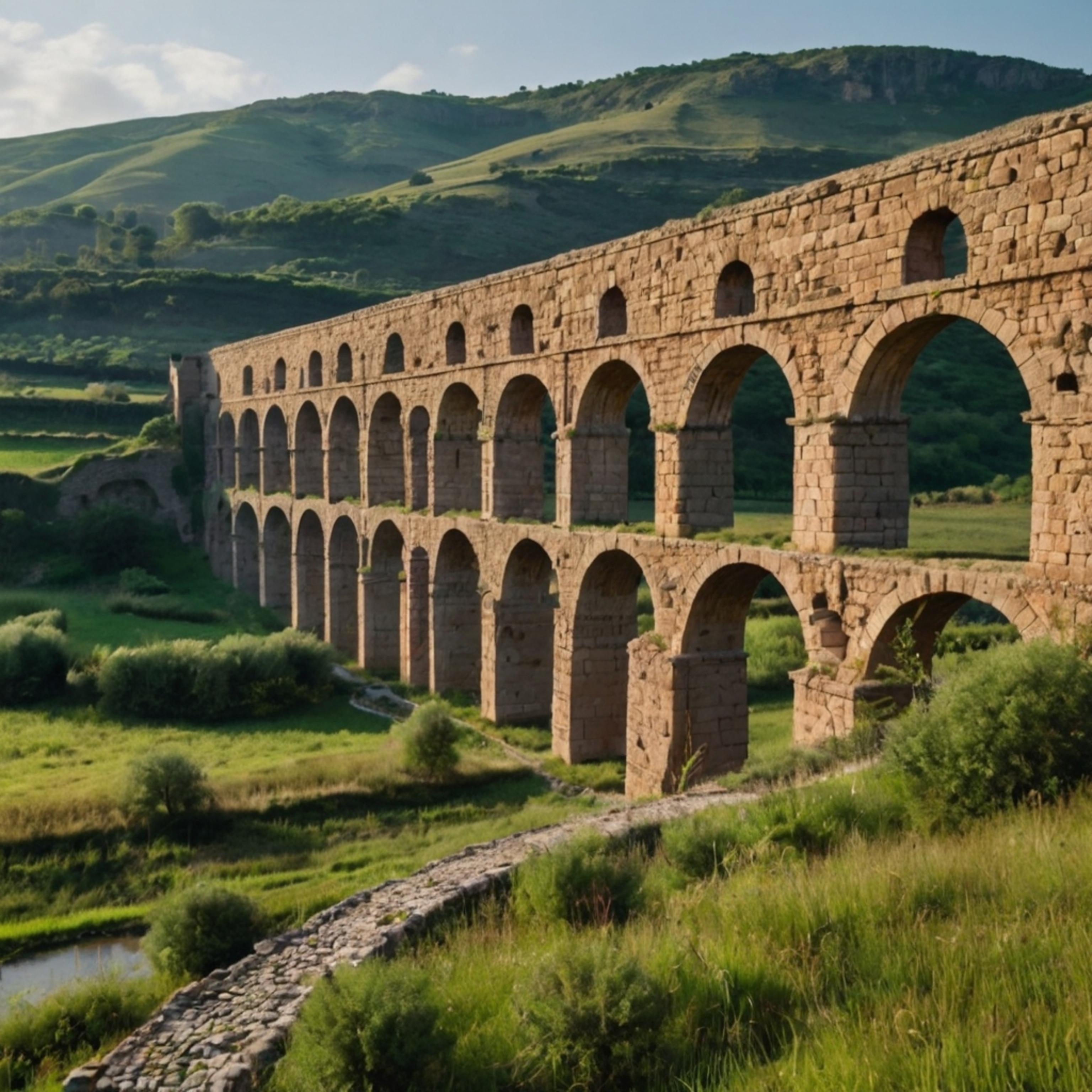 This stunning image showcases an ancient Roman aqueduct gracefully spanning a valley. The weathered stone arches tell tales