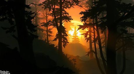 A captivating digital sketch in a painterly style showcases a sunset's golden light filtering through a dense forest.  Loose 