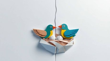A captivating animation featuring two cartoon birds meticulously building a nest in a classic style, brought to life with dis