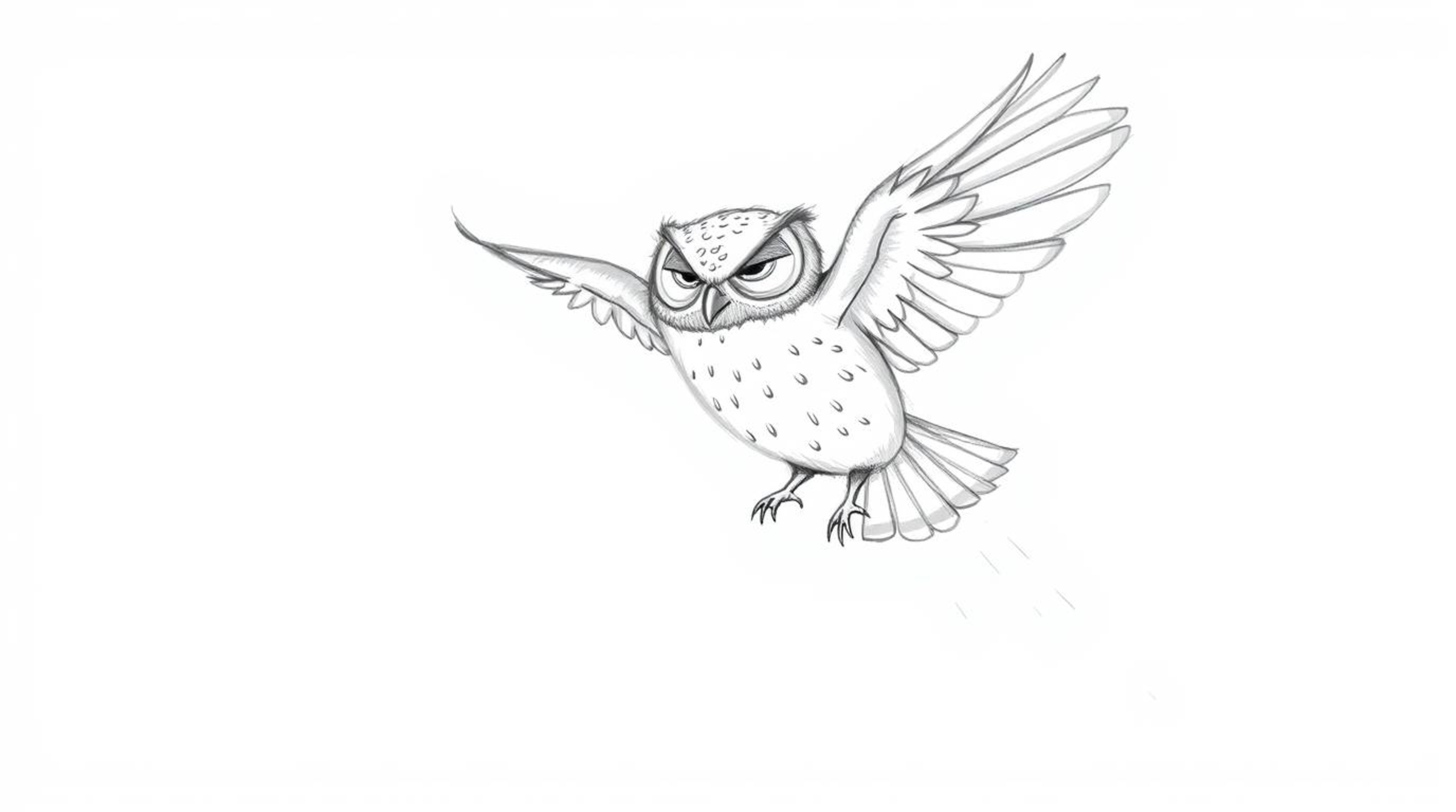 A heartwarming hand-drawn sketch in the style of Pixar depicts a blind owl, mid-flight, leaving a trail of feathers.  With so