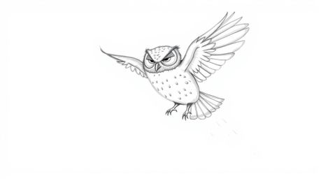 A heartwarming hand-drawn sketch in the style of Pixar depicts a blind owl, mid-flight, leaving a trail of feathers.  With so
