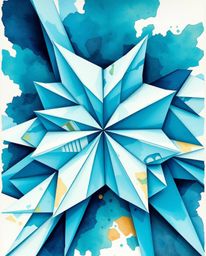 Explore the captivating blend of high-angle perspectives and intricate origami depicted in rich, deep teal watercolor. This a