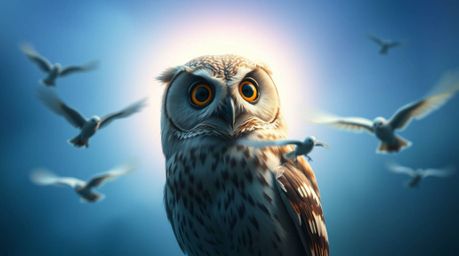 This image captures an ethereal and spiritual scene of a blind, Pixar-esque owl with large, gentle eyes, watching birds learn