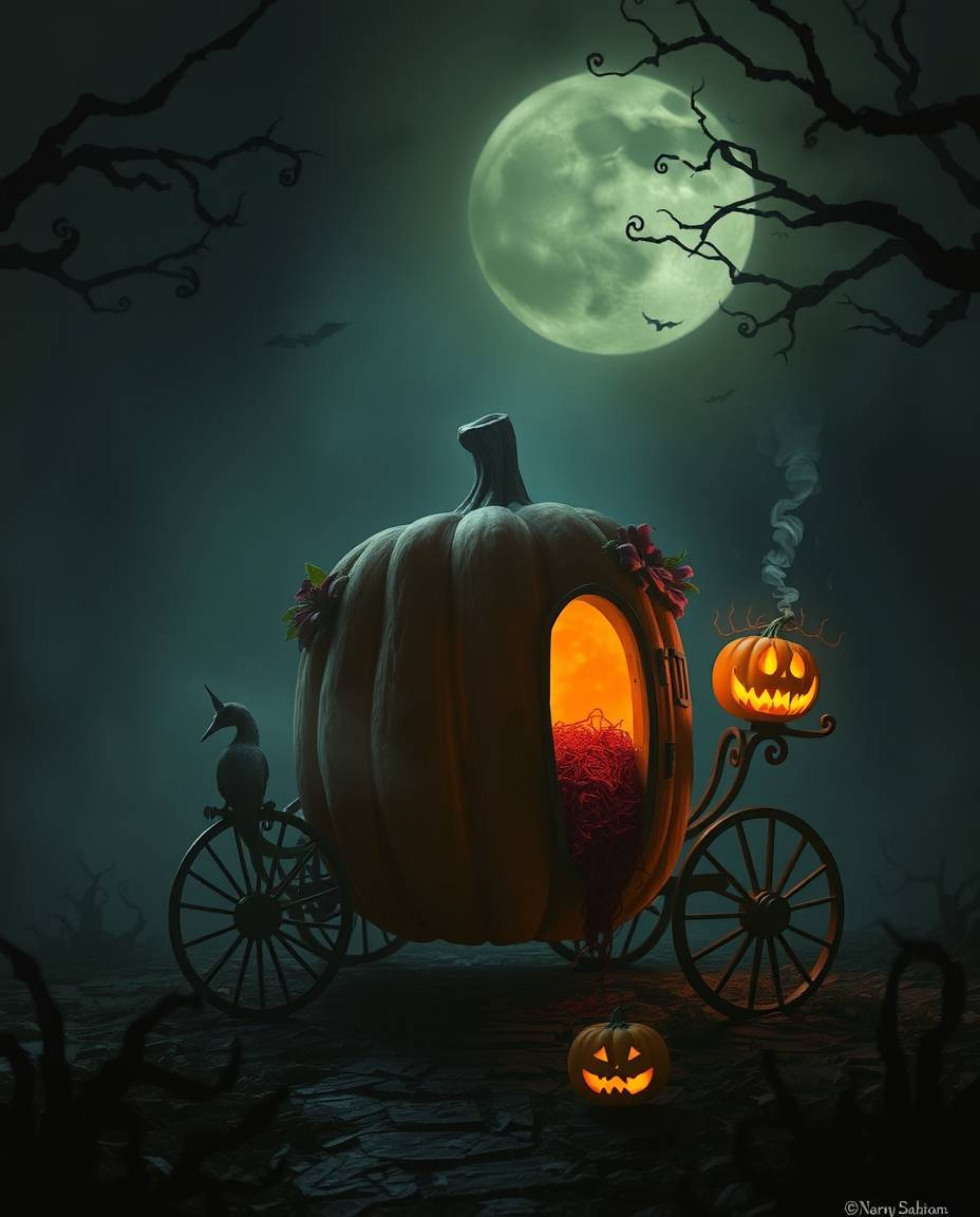 Witness the enchanting yet unsettling transformation of a magical pumpkin into a carriage, rendered in dark tones and unsettl