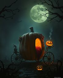Witness the enchanting yet unsettling transformation of a magical pumpkin into a carriage, rendered in dark tones and unsettl