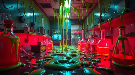 A captivating image of a slime-covered science lab bathed in intense, vivid electric colors.  High contrast and sharp lines c