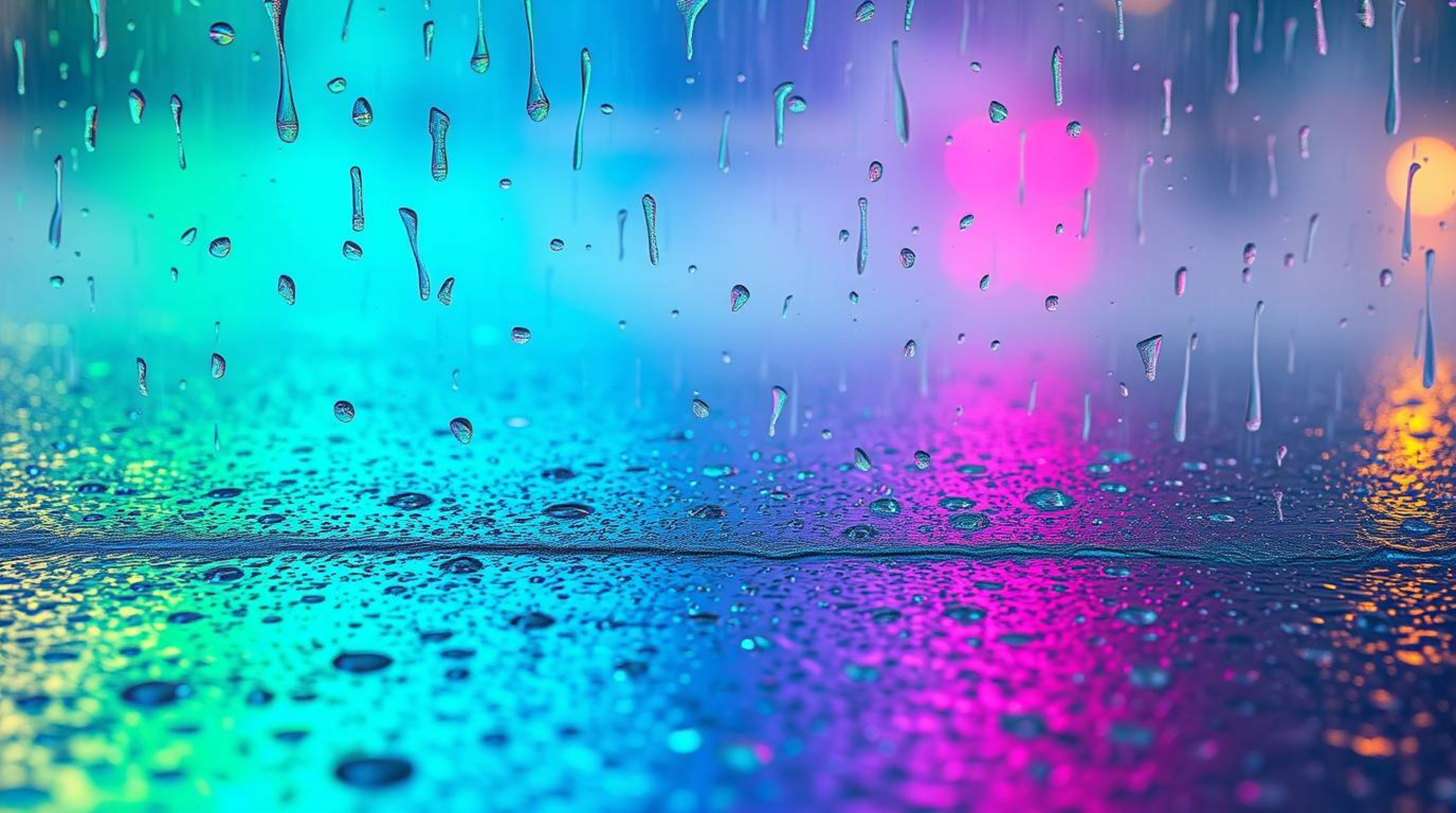A captivating rainy scene showcasing a soft, dreamy atmosphere. An iridescent gradient texture dances across a metallic surfa