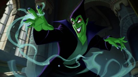 A classic Disney villain with sharp features and green skin is captured in dynamic motion, casting a powerful spell within th