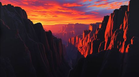 An acrylic painting depicting a rocky canyon bathed in the warm hues of a sunset.  The artwork features high contrast, low-ke