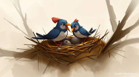 A dynamic digital sketch depicting two cartoon birds constructing a nest. Rendered in a classic animation style with loose,