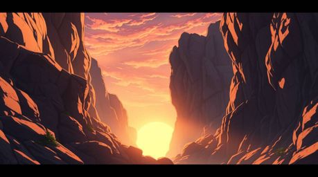 Experience the beauty of an isekai anime style landscape with a rocky canyon illuminated by the gentle, soft light of a warm 