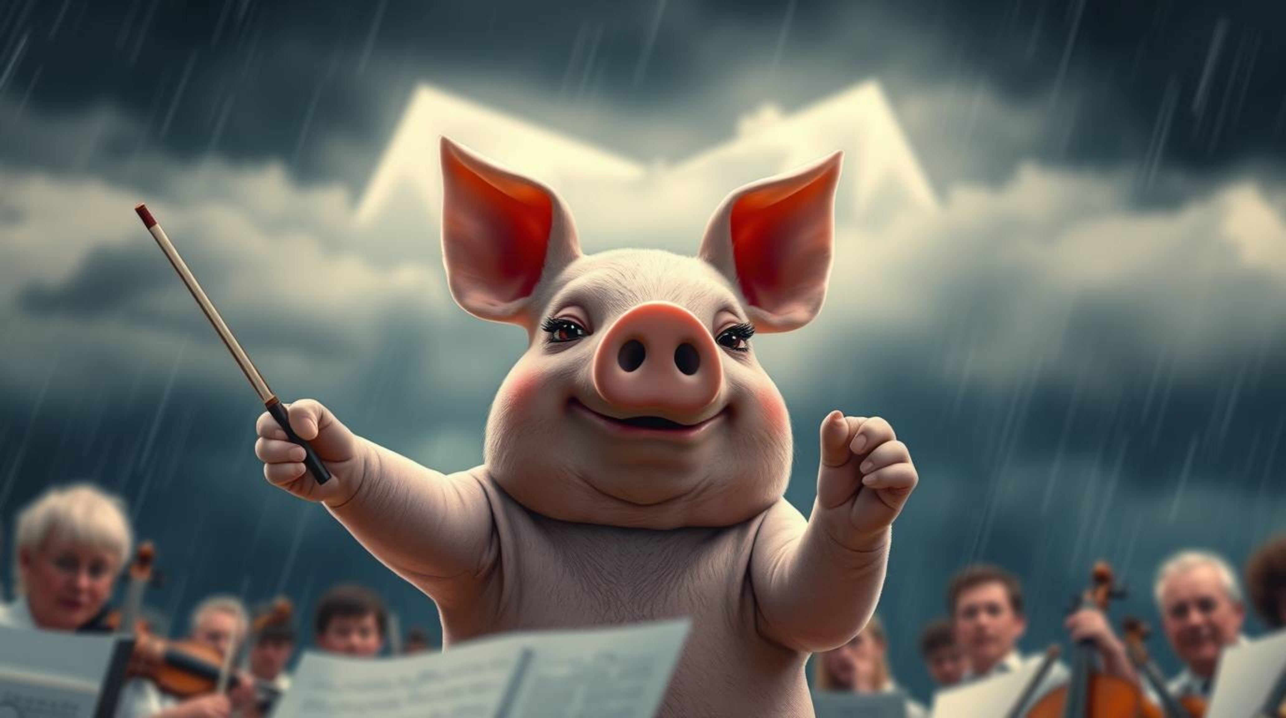A sharply focused pig character intensely conducts an orchestra amidst a stormy sky, creating a dramatic scene filled with hi