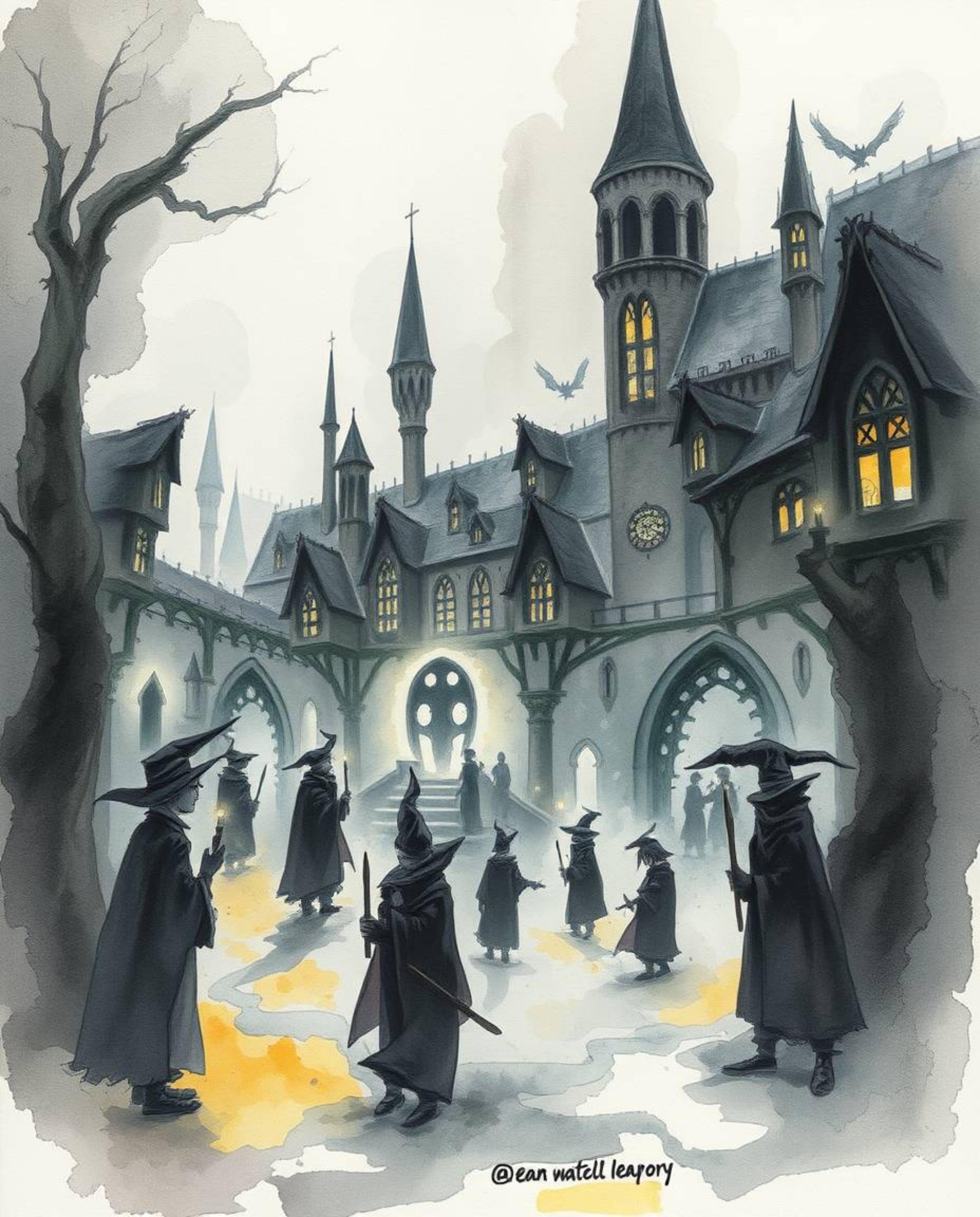 A delicate watercolor painting depicts a magical school brimming with young wizards, rendered in dark, eerie tones. Unsettlin