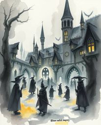 A delicate watercolor painting depicts a magical school brimming with young wizards, rendered in dark, eerie tones. Unsettlin
