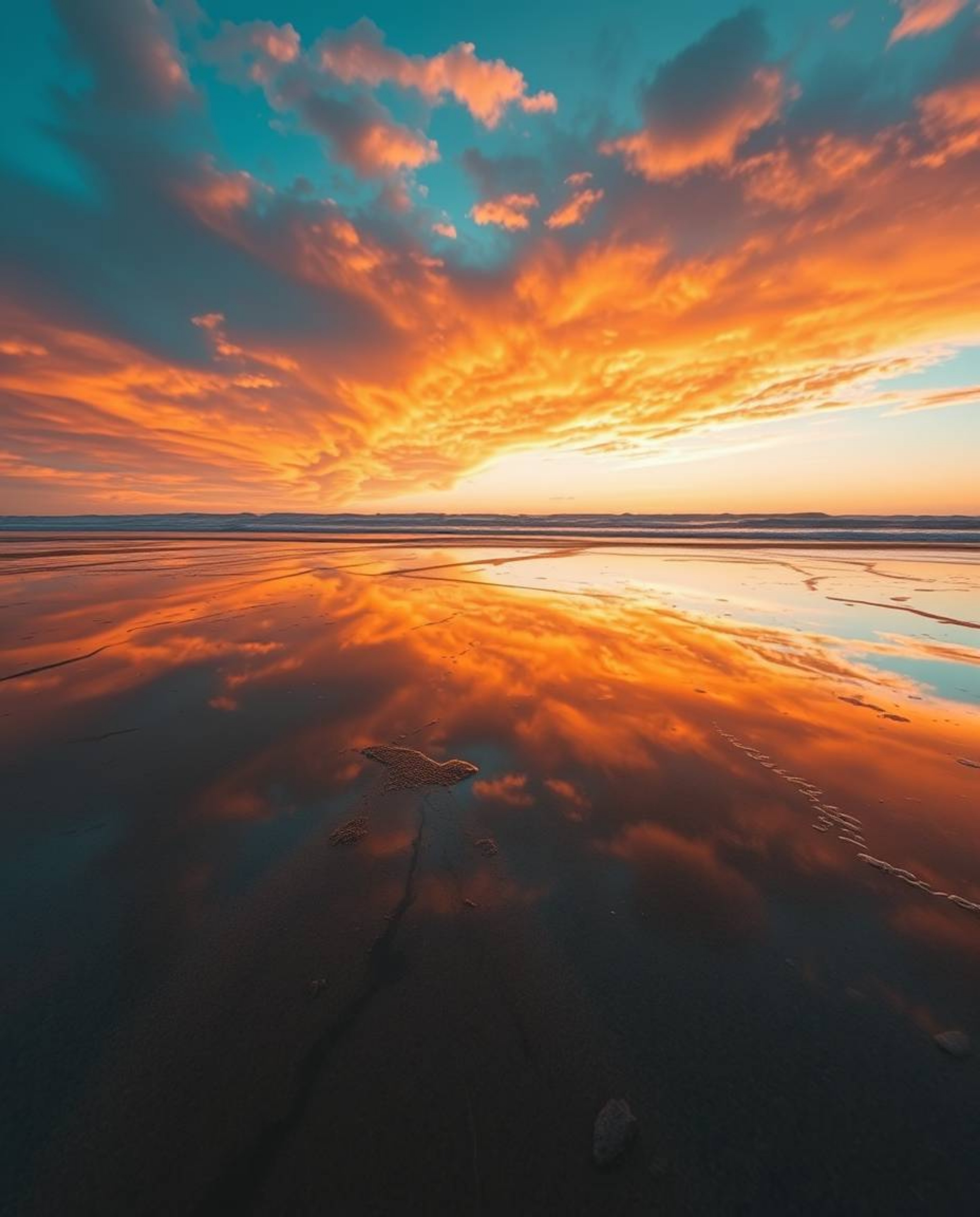 A high-resolution stock photo captures a sunset sky as it is mirrored in the tidal pools of a beach. This professional-qualit