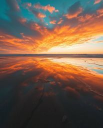 A high-resolution stock photo captures a sunset sky as it is mirrored in the tidal pools of a beach. This professional-qualit