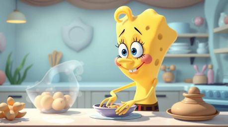 A refined sponge character gracefully cooks in a soft pastel underwater kitchen. This animation evokes a gentle and soothing 