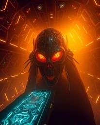 Immerse yourself in an eerie and creepy atmosphere illuminated by a warm, golden glow.  Witness a futuristic digital interfac