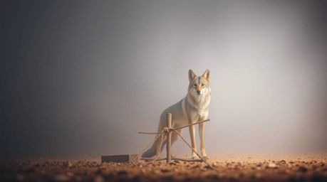 A coyote constructs a hilariously elaborate trap in a fog-laden desert. The image features a soft background and blurred boke