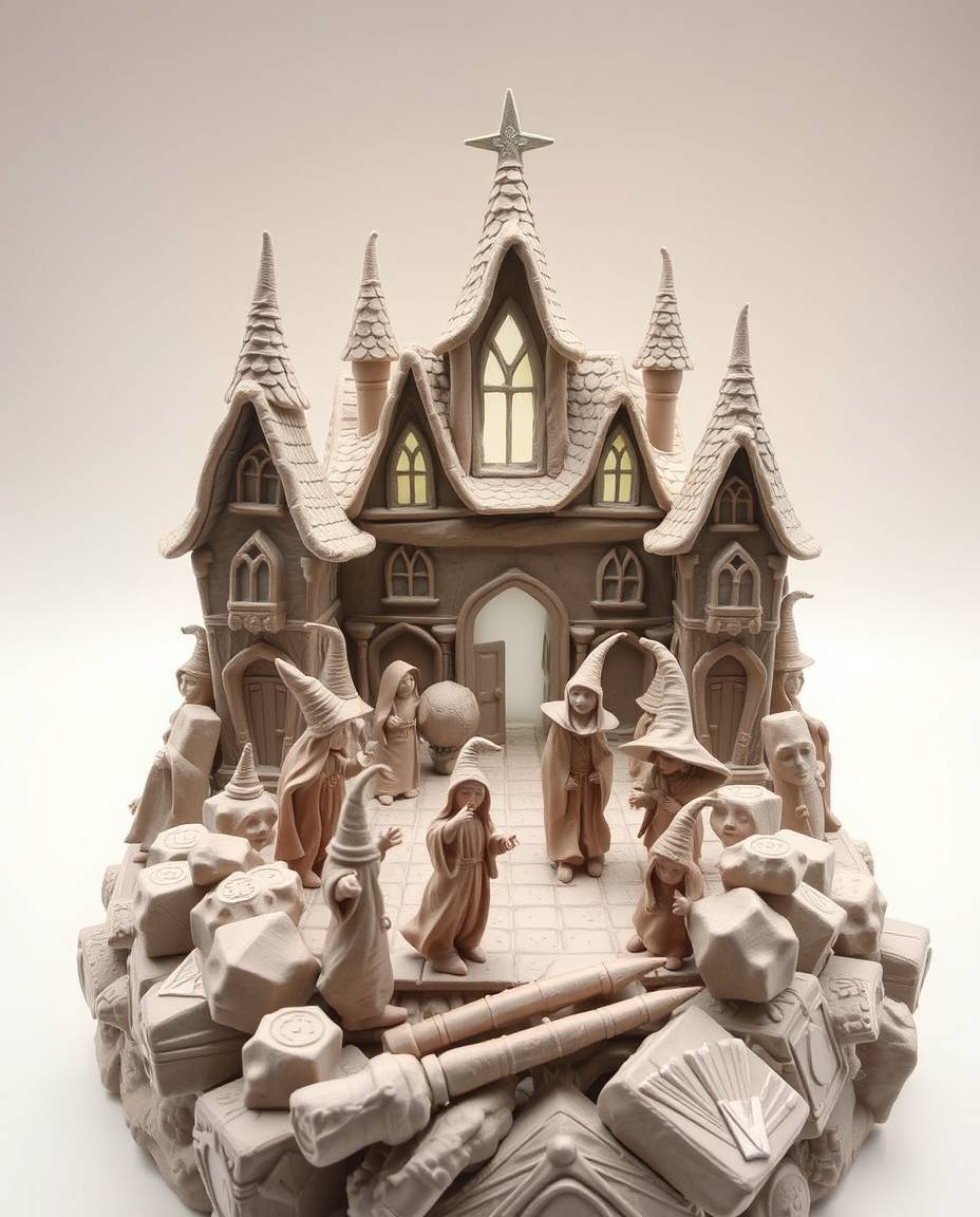 Immerse yourself in this captivating sculptural clay art depicting a magical school brimming with young wizards. Experience t