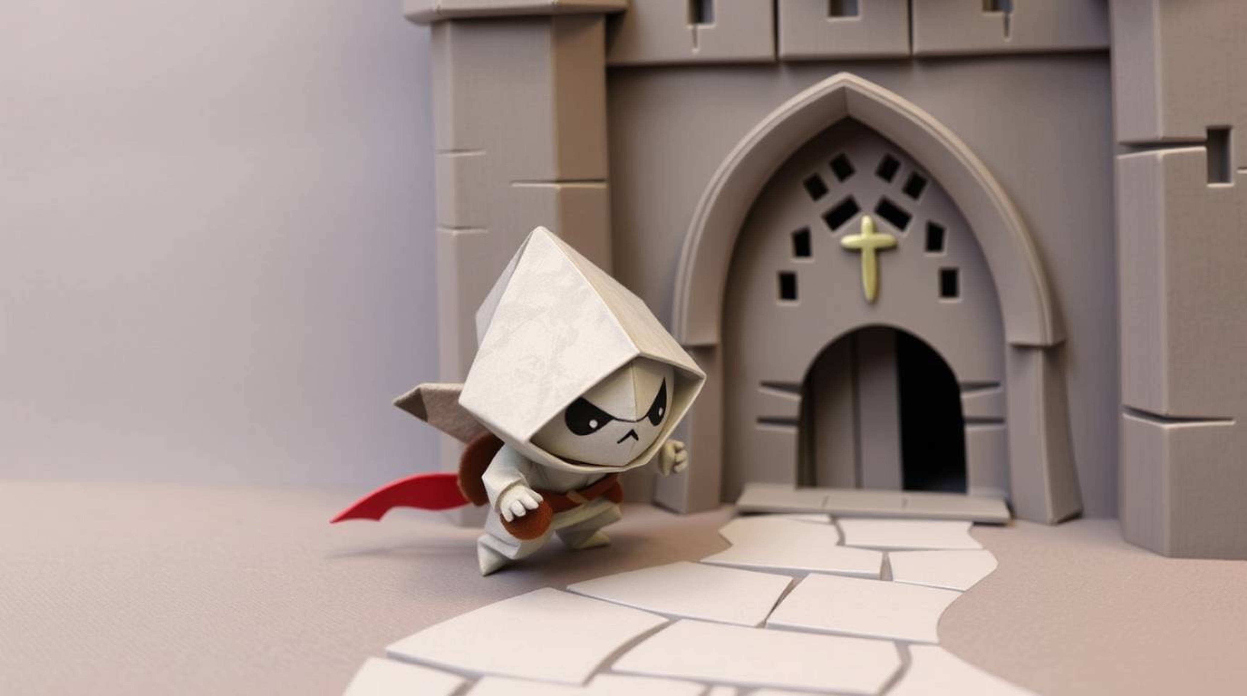 An adorable and cunning thief, rendered in an intricate origami style with geometric precision, is attempting to sneak into a