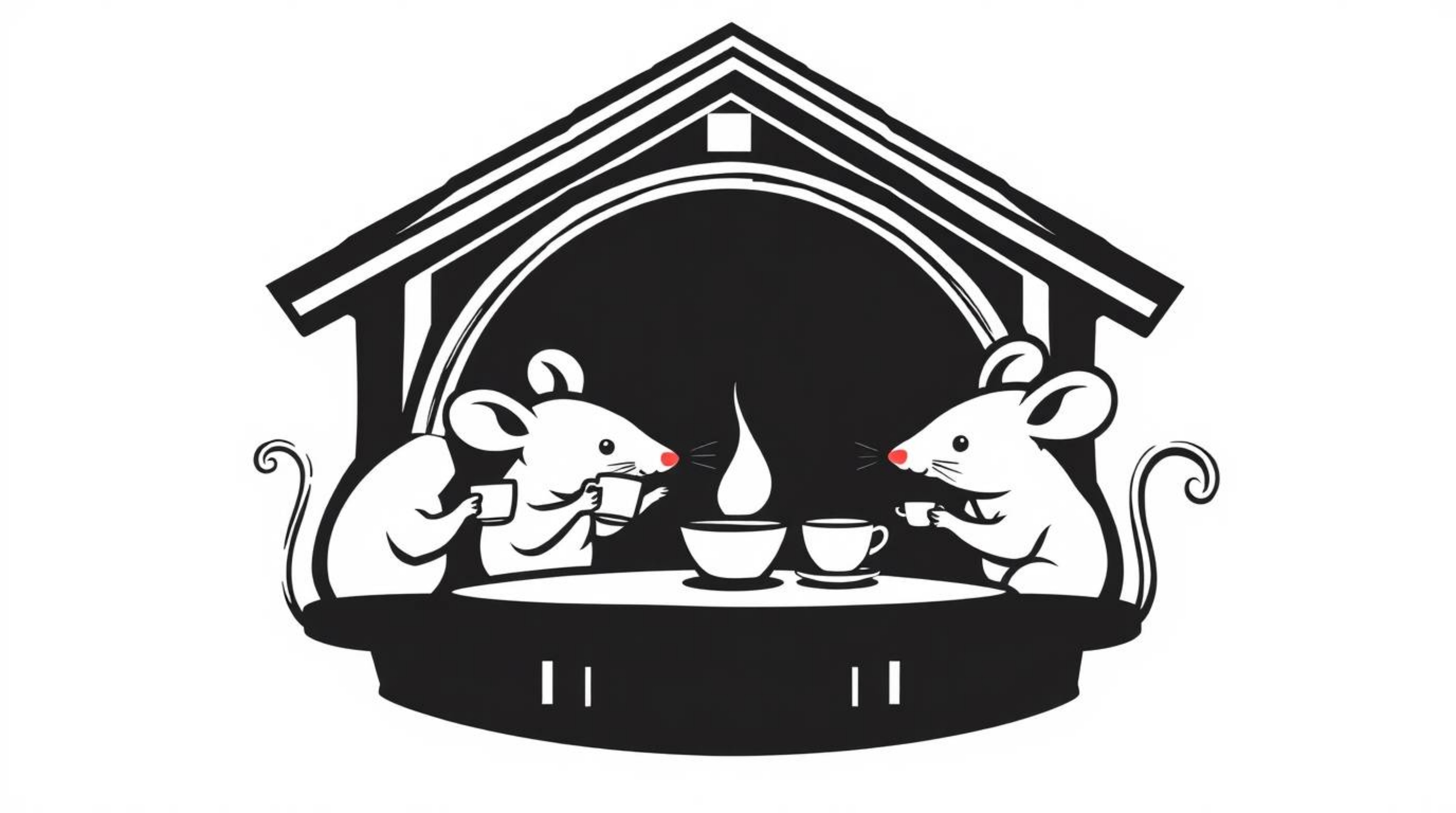 A dramatic logo design features anthropomorphic mice enjoying tea in a cozy cottage.  The design utilizes high contrast, low-