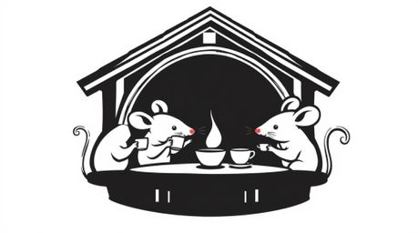 A dramatic logo design features anthropomorphic mice enjoying tea in a cozy cottage.  The design utilizes high contrast, low-
