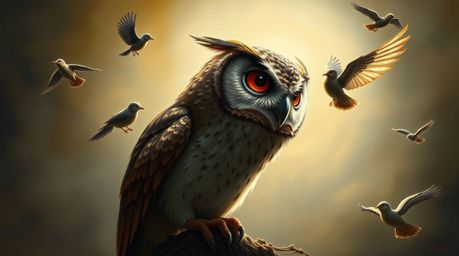 A classic oil painting vividly portrays a Pixar-style blind owl, a unique and inspiring figure, passionately teaching birds h