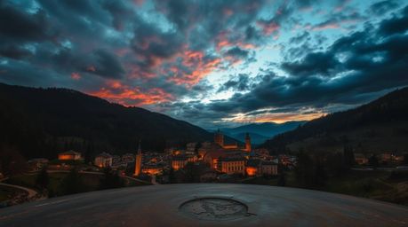 Imagine a cozy village nestled in a valley beneath a vibrant, colorful sky. The scene is bathed in intense, dramatic lighting