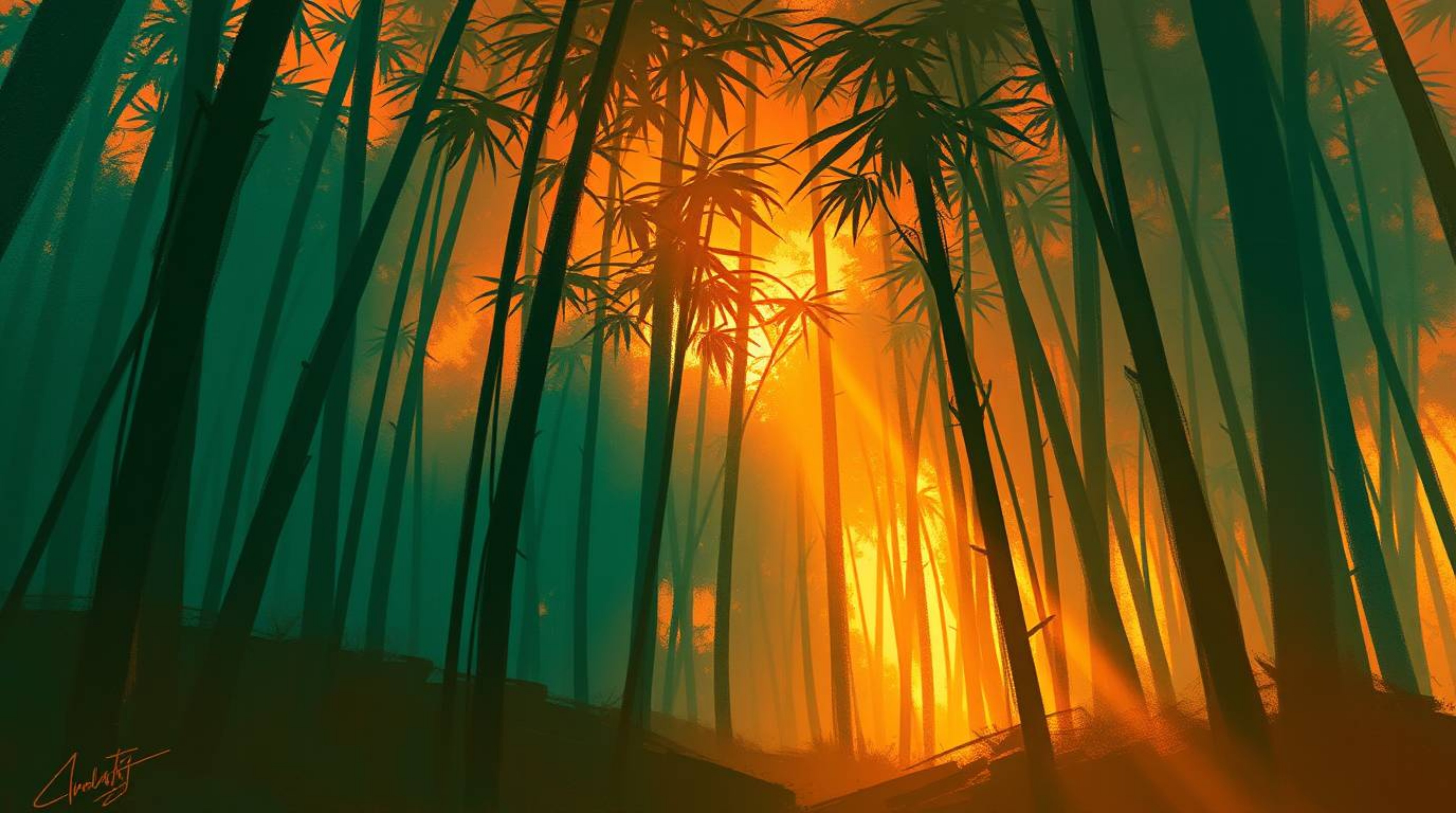 Explore a dynamic digital sketch depicting a rich, deep teal bamboo forest bathed in warm sunset light. This fantasy scene ut